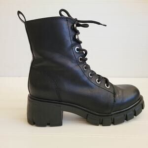MIA Combat Boots 8M Black Faux Leather Platform Lug Sole Lace Up Side Zip Moto